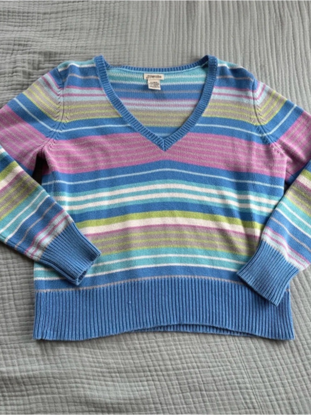 St. John's Bay Blue, Pink and Green Striped V-Neck Sweater